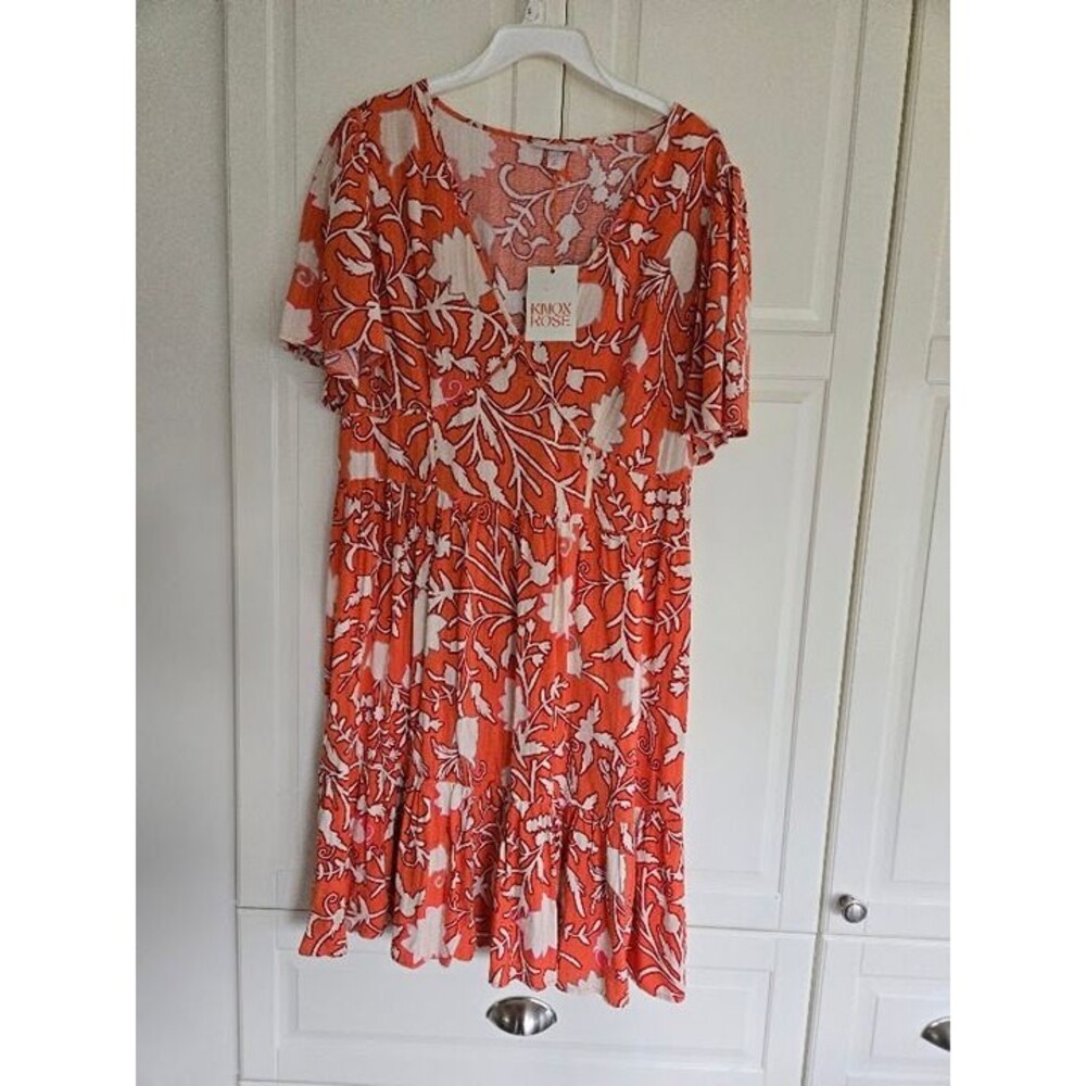 Knox Rose A-Line Dress Flutter-Sleeves Smocked Waist Orange Floral Womens XL NEW